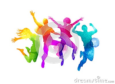 Watercolour Jumping Group of Friends Vector Vector Illustration