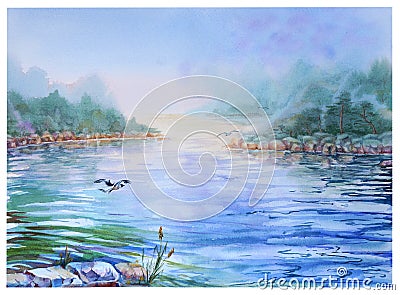 Watercolour landscape with rocks reflected in the water, a flying gull and watercolour streaks. The Island Of Valaam. Stock Photo
