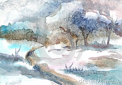 Watercolour landscape of a wild river in the winter Stock Photo