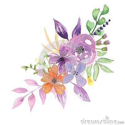 Watercolour Lavender Florals Berries Purple Bouquet Arrangement Pretty Wedding Flowers Stock Photo