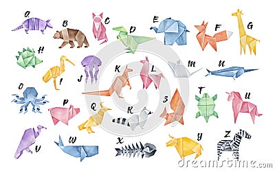 Watercolour Origami Alphabet. Letters from A to Z: armadillo, bear, cat, dinosaur, elephant and other. Stock Photo