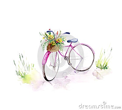 Watercolour painted illustration. Isolation on white pink bicycle with flowers on countryside road with grass. Cartoon Illustration