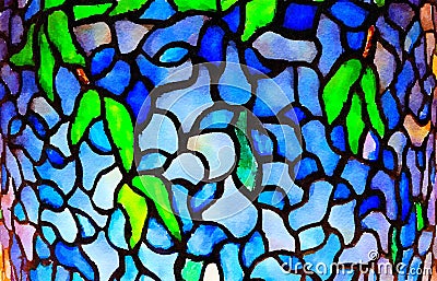 Watercolour painting of blue stained glass mosaic background. Stock Photo