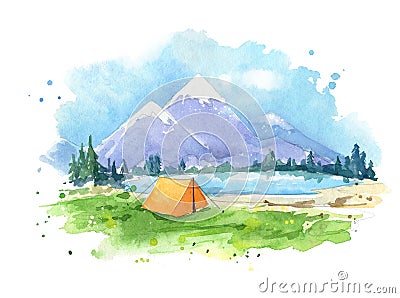 Watercolour painting , camping by the lake Stock Photo