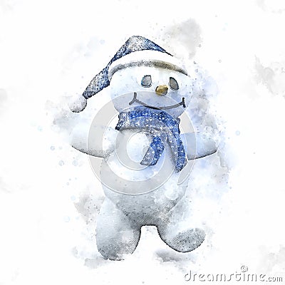 Watercolour painting of cute Christmas snowman Vector Illustration