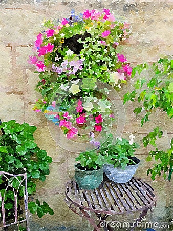 Watercolour painting of flowers in a summer garden nook. Stock Photo