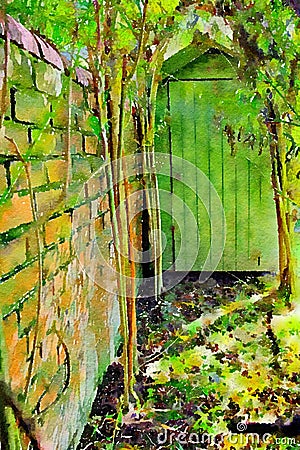 Watercolour painting of garden nook with shed and wall. Stock Photo