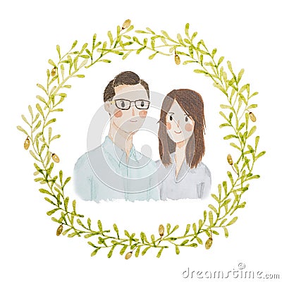 Watercolour painting happy love couple portrait Stock Photo