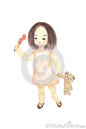 Watercolour painting lonely girl holding bear doll Stock Photo