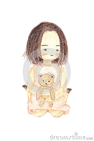 Watercolour painting lonely girl holding bear doll Stock Photo