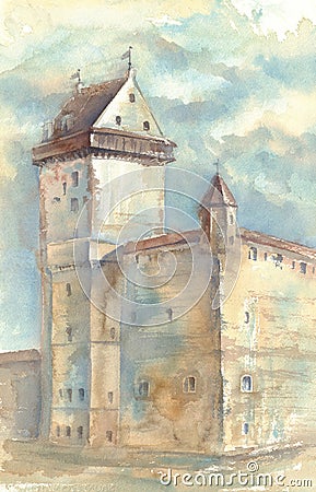 Watercolour painting of medieval castle Stock Photo