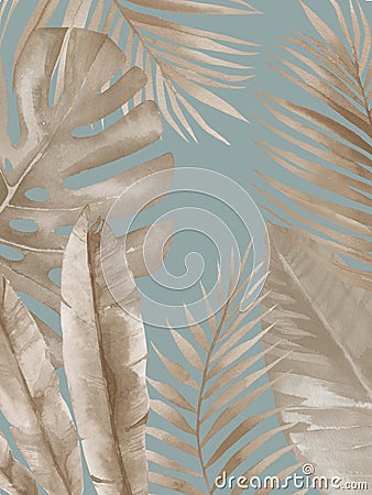 Watercolour Palm neutral fronds background. Dry tropical leaves Watercolour illustration on blue background. Cartoon Illustration