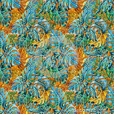 watercolour pattern tropical Monsterra leaves background Stock Photo