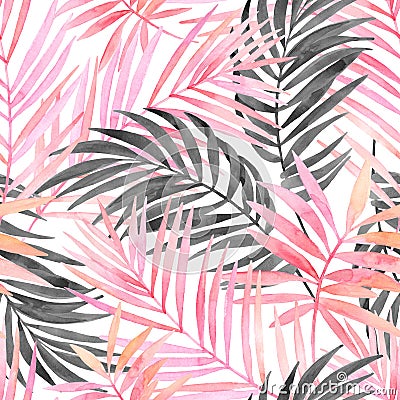 Watercolour pink colored and graphic palm leaf painting. Cartoon Illustration