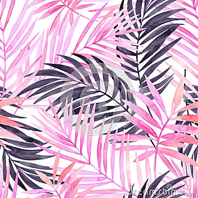 Watercolour pink colored and graphic palm leaf painting. Cartoon Illustration