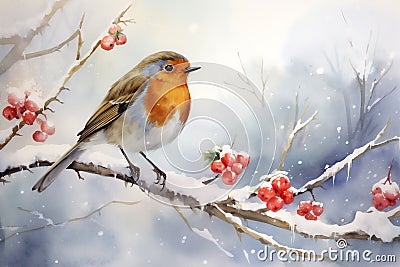 Watercolour of a robin redbreast Cartoon Illustration