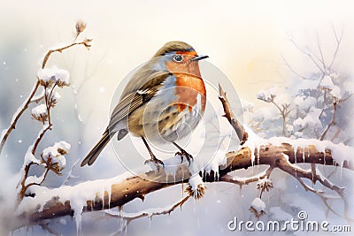 Watercolour of a robin redbreast Cartoon Illustration