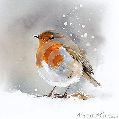 Watercolour of a robin redbreast Erithacus rubecula bird in the winter snow Cartoon Illustration