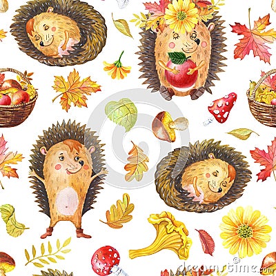 Watercolour seamless pattern with animals and flowers.Cute watercolor cartoon hedgehog Cartoon Illustration