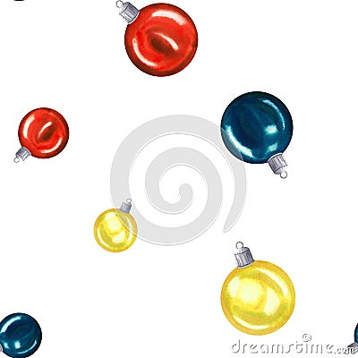 Watercolour seamless pattern with christmas glass balls red blue and yellow. Hand drawn illustration isolated on white Cartoon Illustration