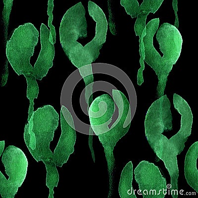 Watercolour seamless pattern with green poppy buds on black Stock Photo