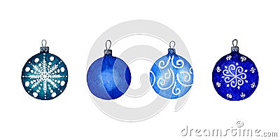 Watercolour set of blue Christmas balls on a white background. Holiday ornamental decorations for the happy new year. Stock Photo