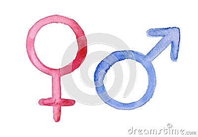 Watercolour set of female and male gender symbols. Round shape, traditional Mars and Venus icons. Hand drawn water color sketchy Stock Photo
