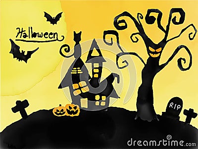 Halloween card, watercolour silhouette haunted house and graveyard Vector Illustration