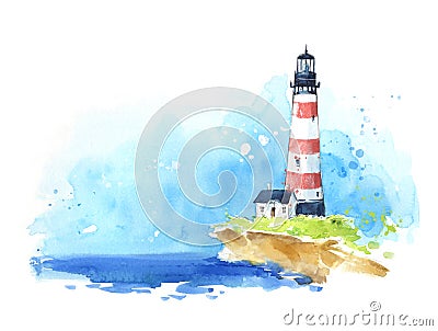 Watercolour sketch of a lighthouse at the seaside, seascape Stock Photo