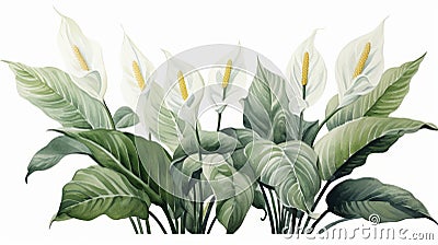Watercolour Spathiphyllum Flowers and Leaves Peace Lily Arrangements on White Background AI Generated Cartoon Illustration