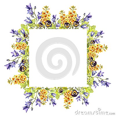 Watercolour square frame of eremurus, bluebells, leaves, purple violets Stock Photo