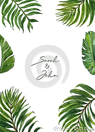 Watercolor tropical leaves border with palm foliage on white background. Modern exotic plants frame for wedding, invitations Cartoon Illustration