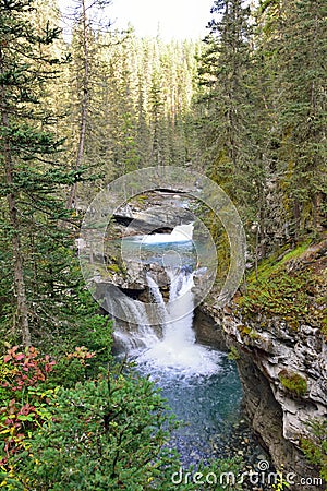 Waterfall along the Icefields Parkway in the Canadian Rockies between Banff and Jasper Stock Photo
