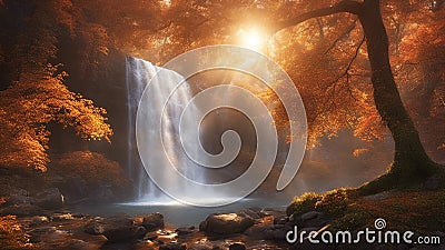 waterfall in autumn Fantasy waterfall of light, with a landscape of glowing trees and flowers, with a Beautiful water Stock Photo