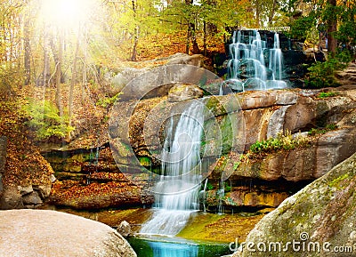 Waterfall. Autumn forest Stock Photo