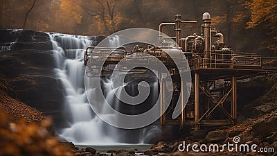 waterfall in autumn Steam punk waterfall of energy, with a landscape of metal pipes and wires, with a Waterfall in autumn Stock Photo