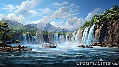 Waterfall with a boat: a view of the waterfall to which the boat swims Stock Photo