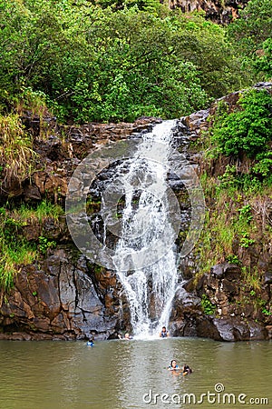 Waterfall in the botanical garden of Waimea Valley, Oahu, Hawaii Editorial Stock Photo