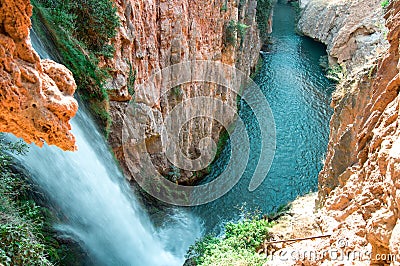 Waterfall and a canyon with surrounded vegetation Stock Photo