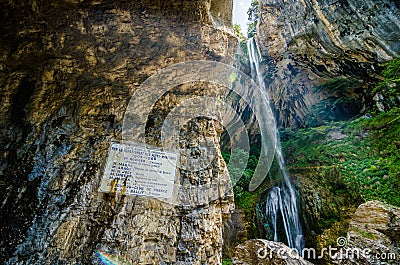 Waterfall Cascade de Courmes near Pont du Loup, France. Historic information board Stock Photo