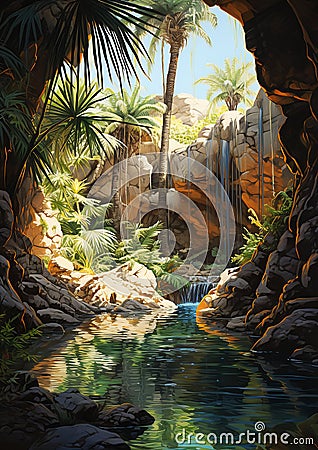 A Waterfall in a Cave among Palm Trees: An Oasis in the Desert Cartoon Illustration