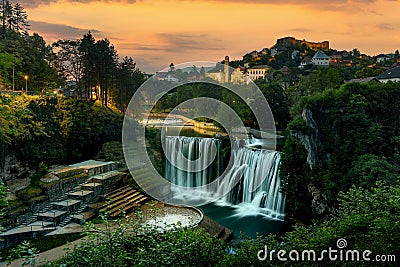 Waterfall in city of Jajce, Bosnia and Hercegovina Stock Photo