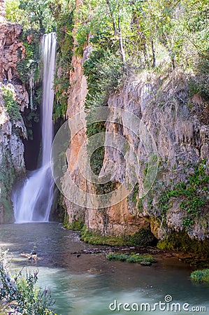Waterfall `Cola del caballo` and the lake Stock Photo