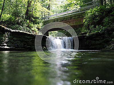 Waterfall and current below bridge at Silesian Beskid Mountains landscape near european Bielsko-Biala city Poland Stock Photo