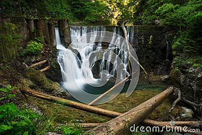 Waterfall at the dam in Vintgar gorge near Bled, Slovenia Stock Photo