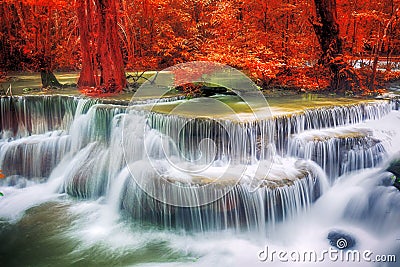 Waterfall in deep forest at huay mae ka min Stock Photo