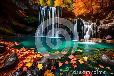 A waterfall that flows from a hidden cave into a crystal clear pool, fantasy landscape Stock Photo