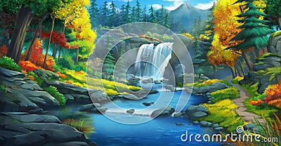 The Waterfall Forest. Fiction Backdrop Stock Photo