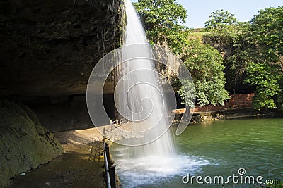 Waterfall , Green Trees and Green Water Stock Photo