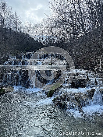 The waterfall in Gutenberg on the Swabian Alb is a popular hiking destination Stock Photo